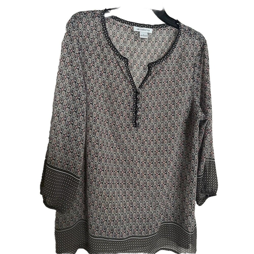 Liz Claiborne Women’s Floral V-Neck 3/4 Sleeve Button Sheer Large